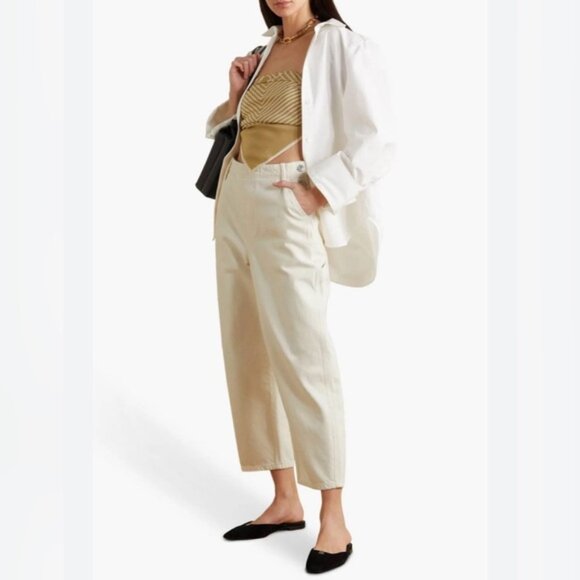 NWT FRAME Button Detail Crop Trousers Twill Pants Wide Leg 100% Cotton Size 24